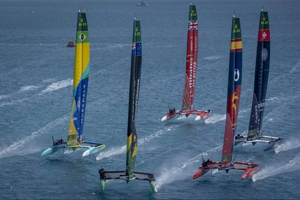 Bonds Flying Roos SailGP Team driven by Tom Slingsby leads Mubadala Brazil SailGP Team driven by Martine Grael, Los Gallos SailGP Team driven by Diego Botin, Explora Journeys Swiss SailGP Team driven by Sebastien Schneiter and Emirates Great Britain SailGP Team driven by Dylan Fletcher on Race Day 1 of the Apex Group Bermuda Sail Grand Prix in Bermuda on May 9.