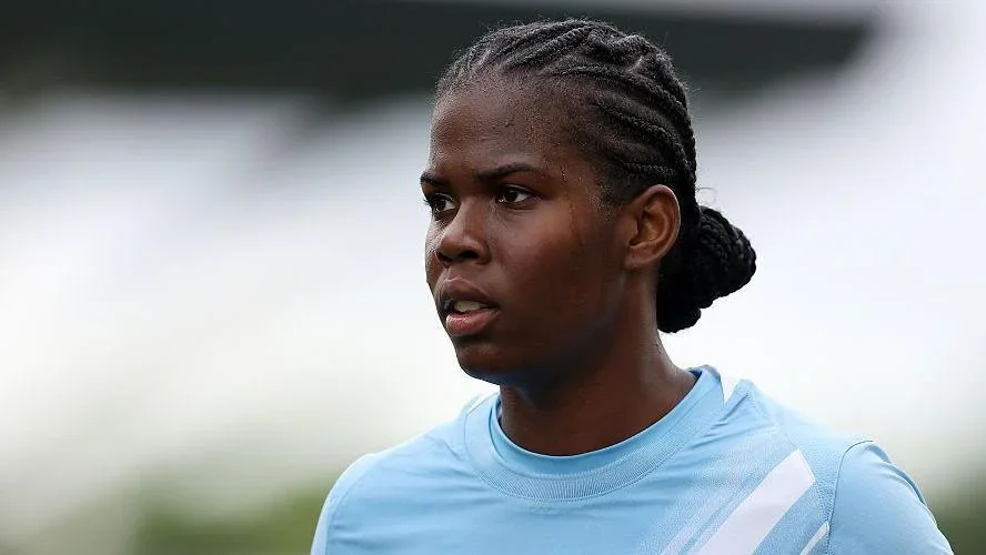 Manchester City striker Khadija Shaw looks on during the Women's Super League match between Manchester City and Liverpool at Joie Stadium on 3 May, 2026